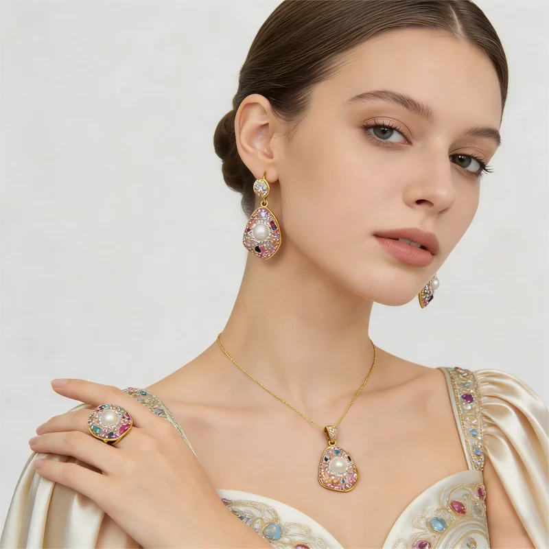 Baroque Pearl Rose Quartz Set Necklace Earrings Ring Heart Chakra Healing Crystal Inner Strength Unique Beauty Jewelry Gift
