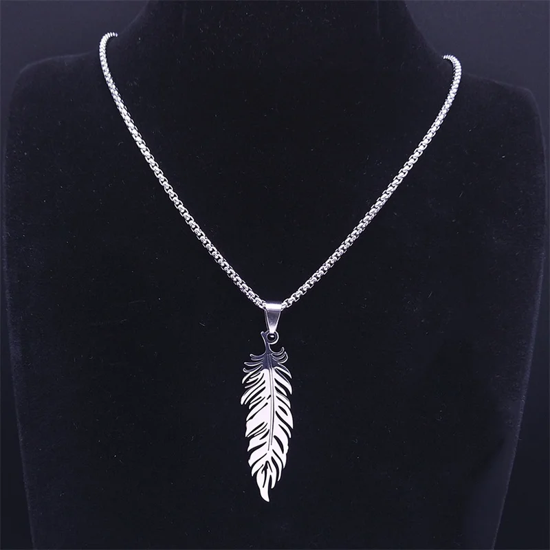 Boho Feather Pendant Male Necklace for Women Men Stainless Steel Silver Color Leaf Chain Jewelry Gift collar hombre N3393S01