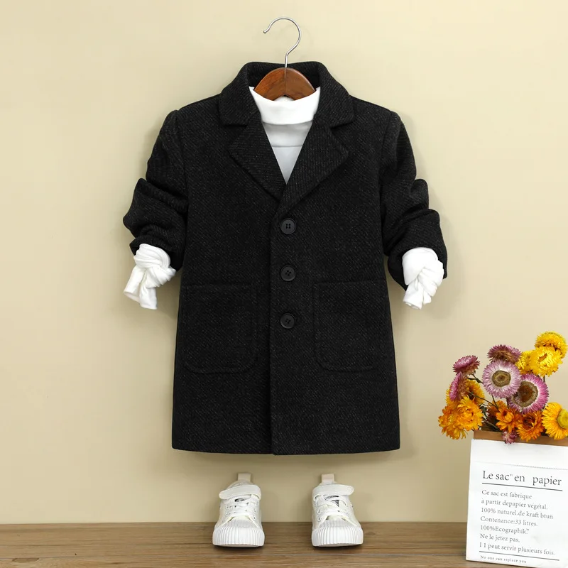 Autumn Winter Children Boys Woolen Coat Turn Down Collar Little Boys Trench Coat Windproof Warm 2-14Y Kids Boys Jackets Blazer
