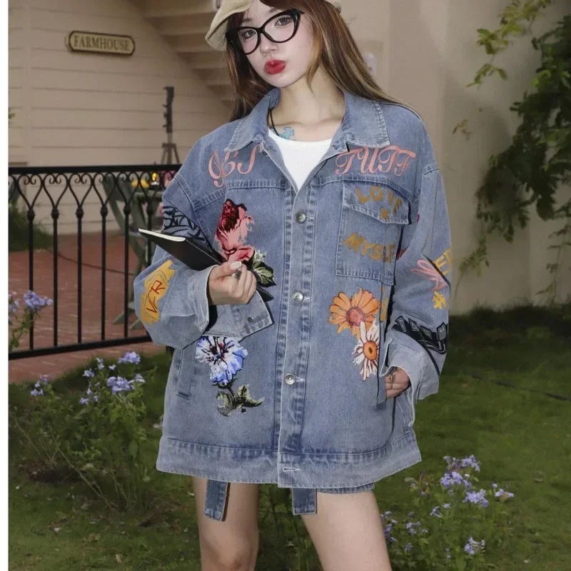 Women’s Jacket Streetwear Hip Hop Butterfly Floral Flowers Graphic Print Denim Jackets 2023 Harajuku Fashion Blue Jean Coats