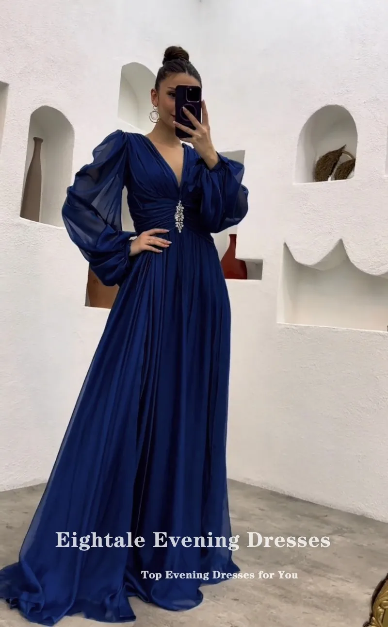 Eightale Navy Blue Evening Dress V-Neck Chiffon Long Sleeves Prom Party Dress High Slit Beaded Vestidos De Noche Ballkleider