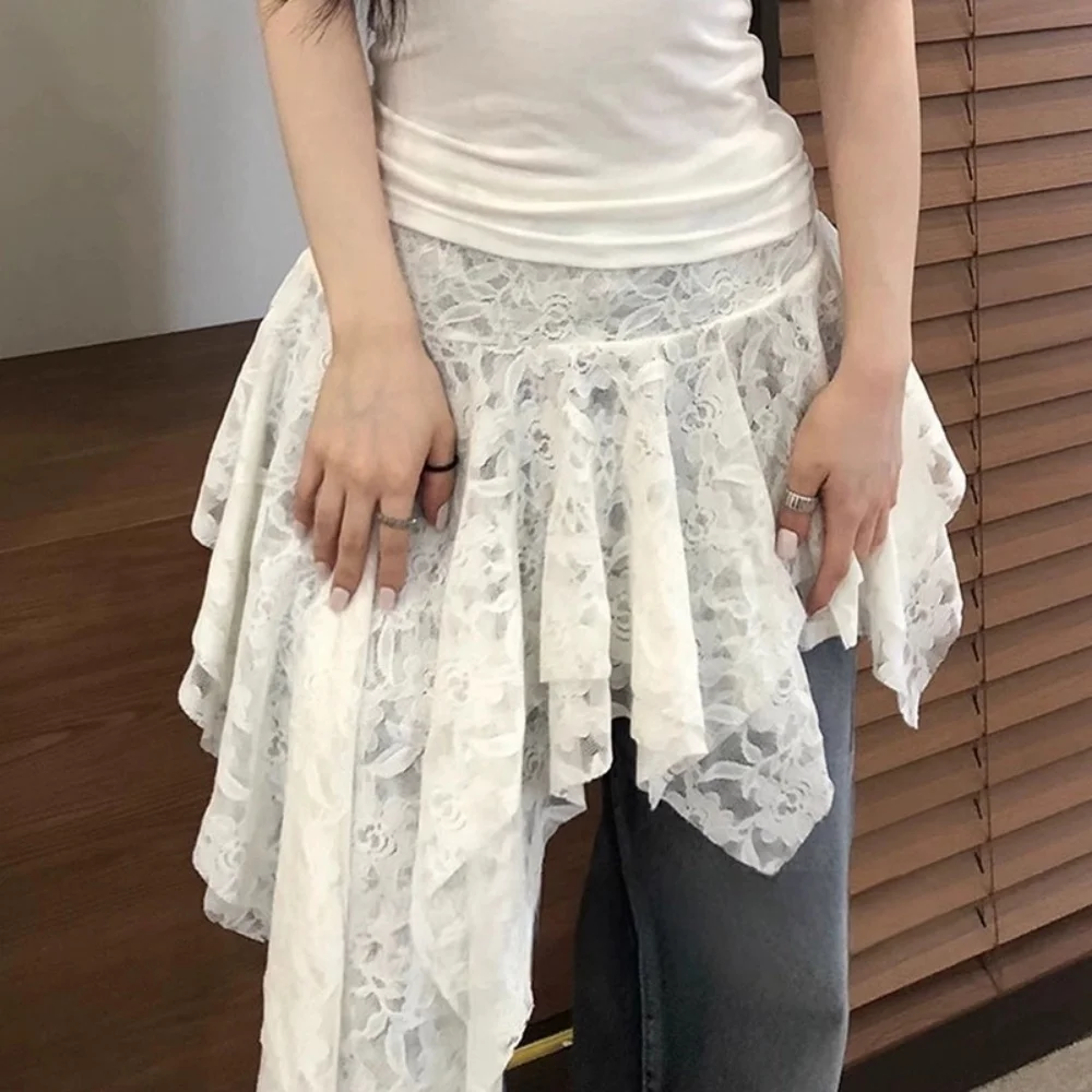 Gonna gotica anni 2000 Abiti estivi da donna Gyaru Kpop Streetwear Pizzo a vita alta Estetica casual Gonna lunga Femme Gonne hip hop