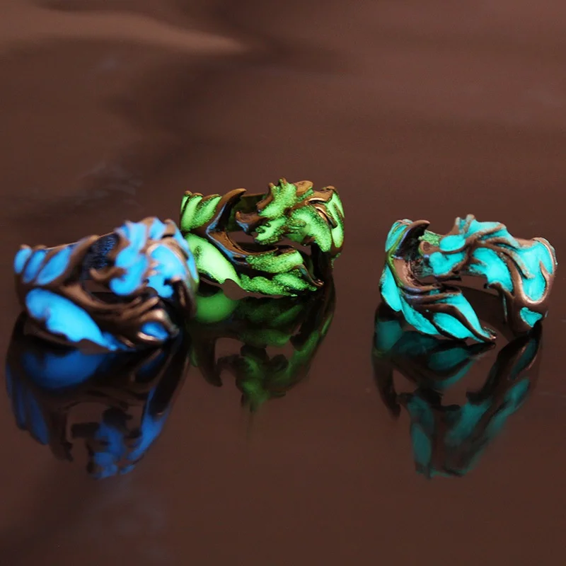 1 قطعة مضيئة متوهجة في الظلام القمر التنين الدائري للرجال قابل للتعديل حجم noctilucent ليلة ضوء مجوهرات خمر البنصر