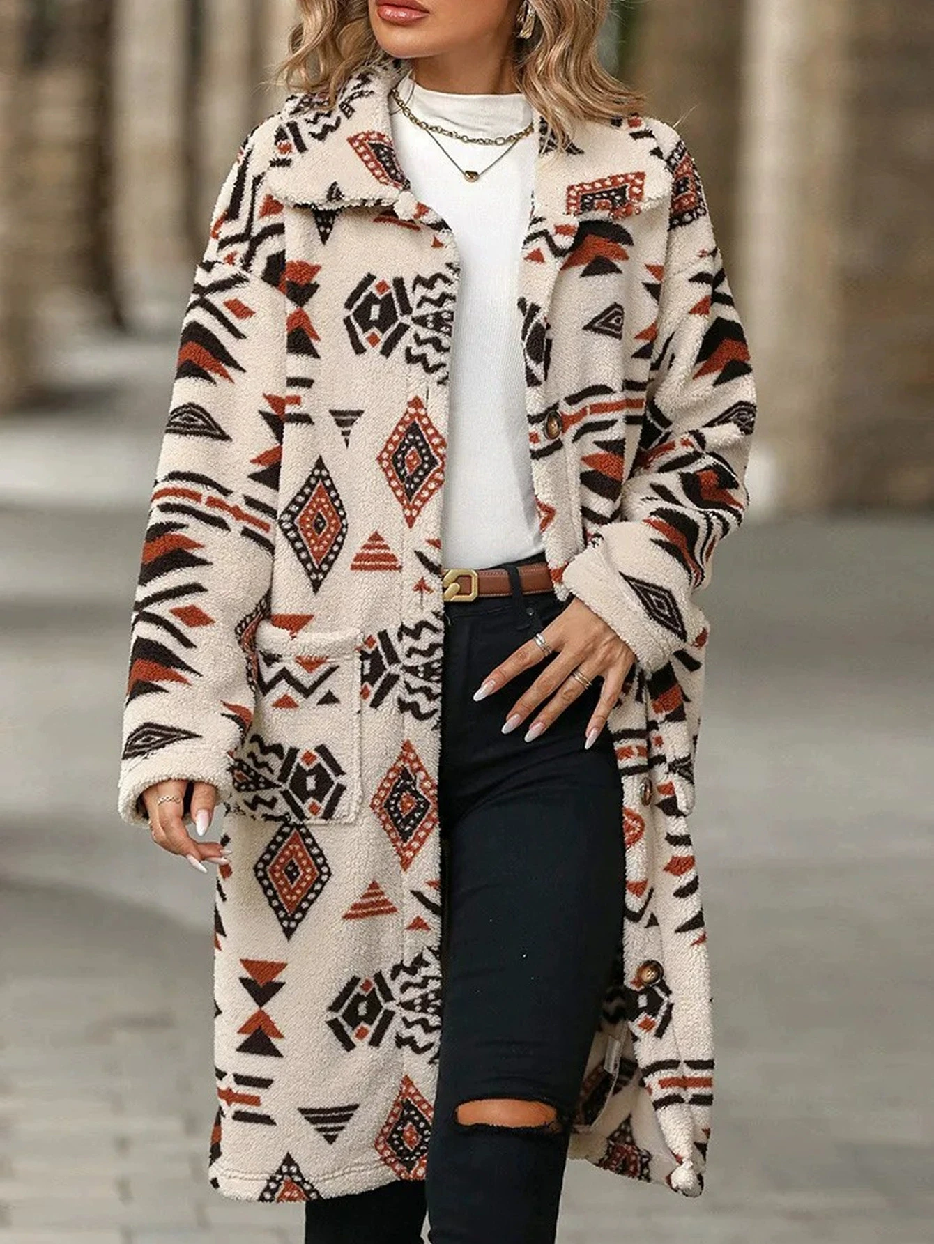 2025 nueva chaqueta de abrigo para mujer estilo europeo americano de un solo pecho con estampado étnico de lana de longitud larga para Otoño Invierno