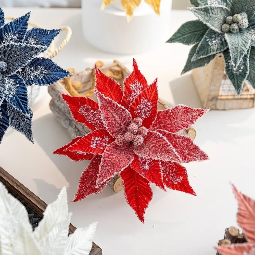 

Luxurious Faux Velvet Christmas Flower Realistic Handmade Simulated Flower Elegant with Ice Crystal Artificial Flower