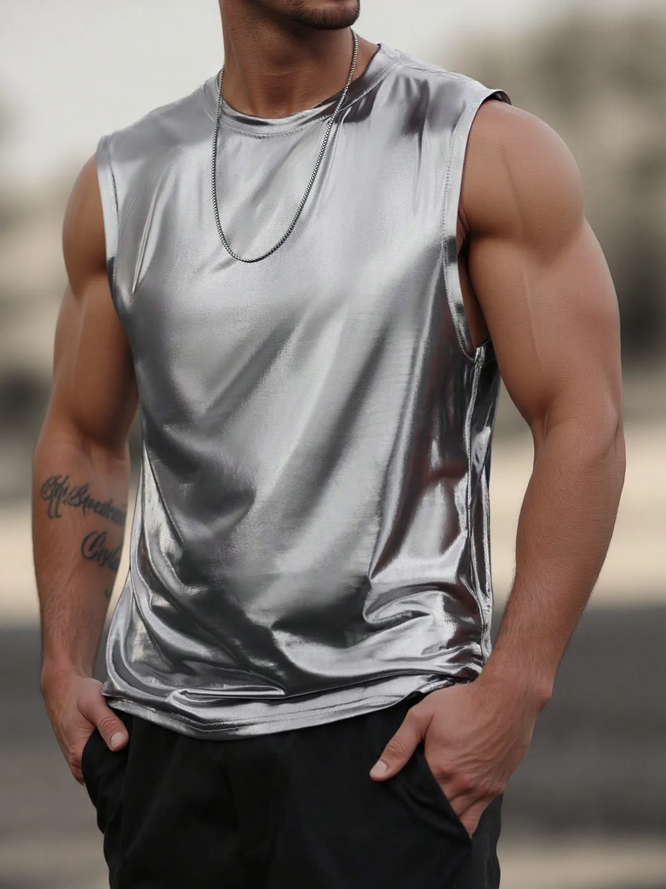 Summer Men's Faux Leather Tank Tops American Casual Fashion Simple Performance Costume Shining Gold Round Neck Vest