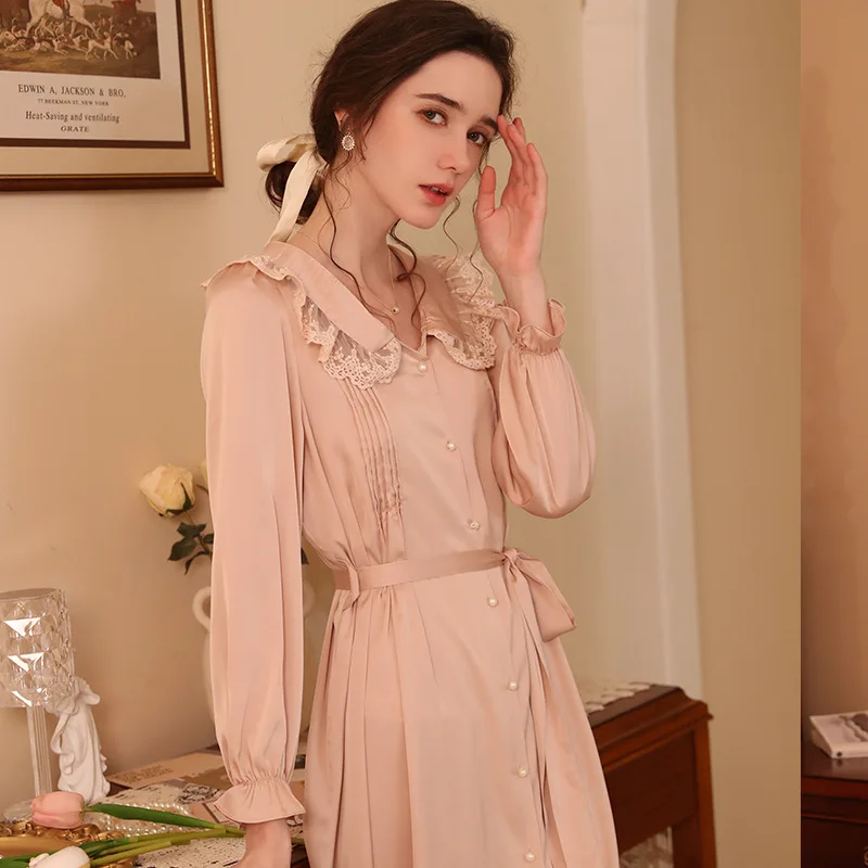 SXTHAENOO 2023 New Woman Vintage Princess Long Sleeved Nightdress Fashion Ice Silk Cardigan Robe Sleepwear пижама женская