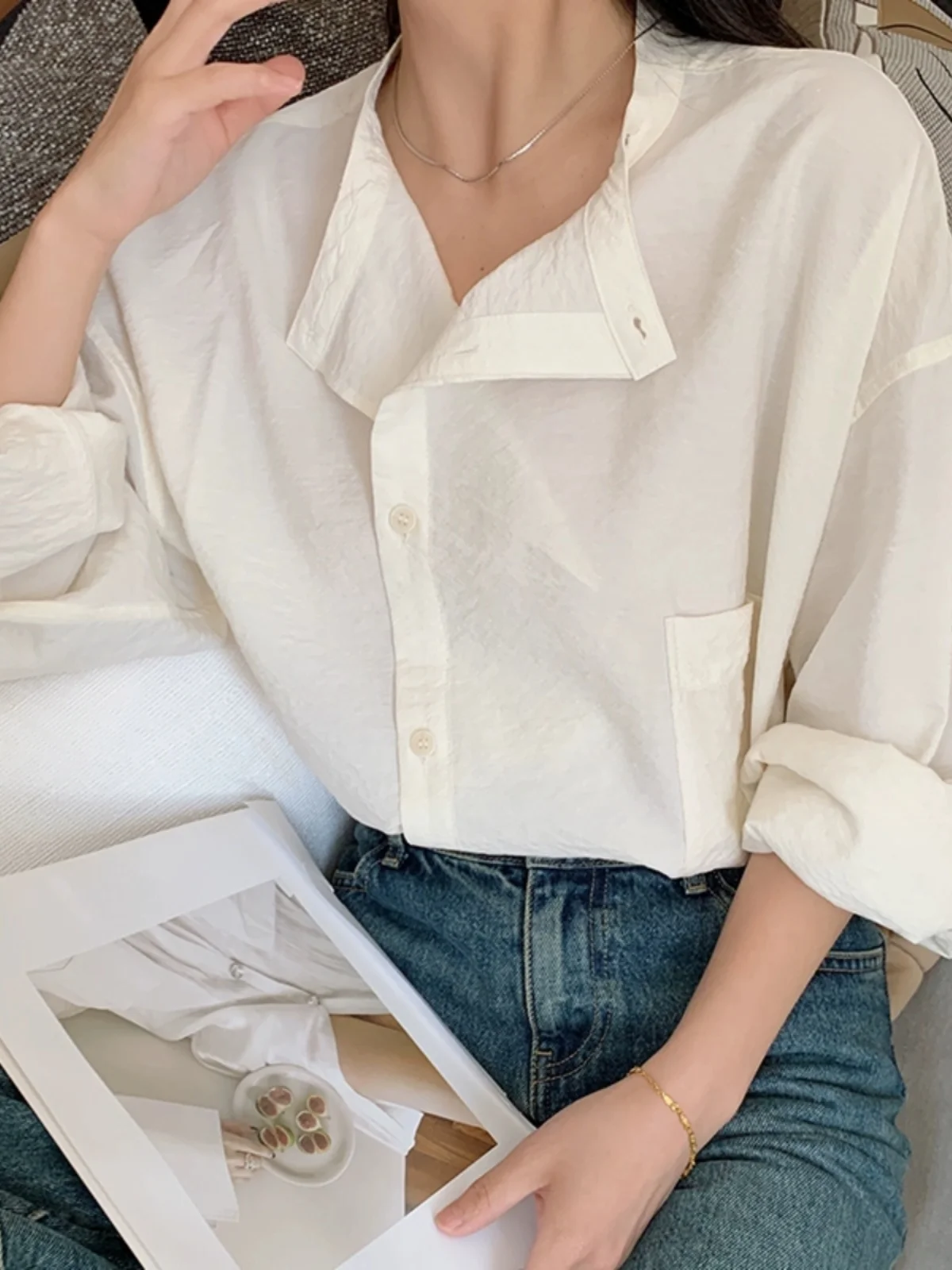 

Retro Loose Fit Long Sve Silk Nylon irt round Ne Waed Texture Artistic Matte Commute Sle Women's Premium Quali S...