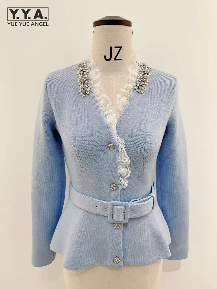 

Элегантный женский офисный пояс с v-образным вырезом, лоскутный свитер с бриллиантами, пальто, однобортный трикотаж, куртка, кардиган, вязаная верхняя одежда, топ