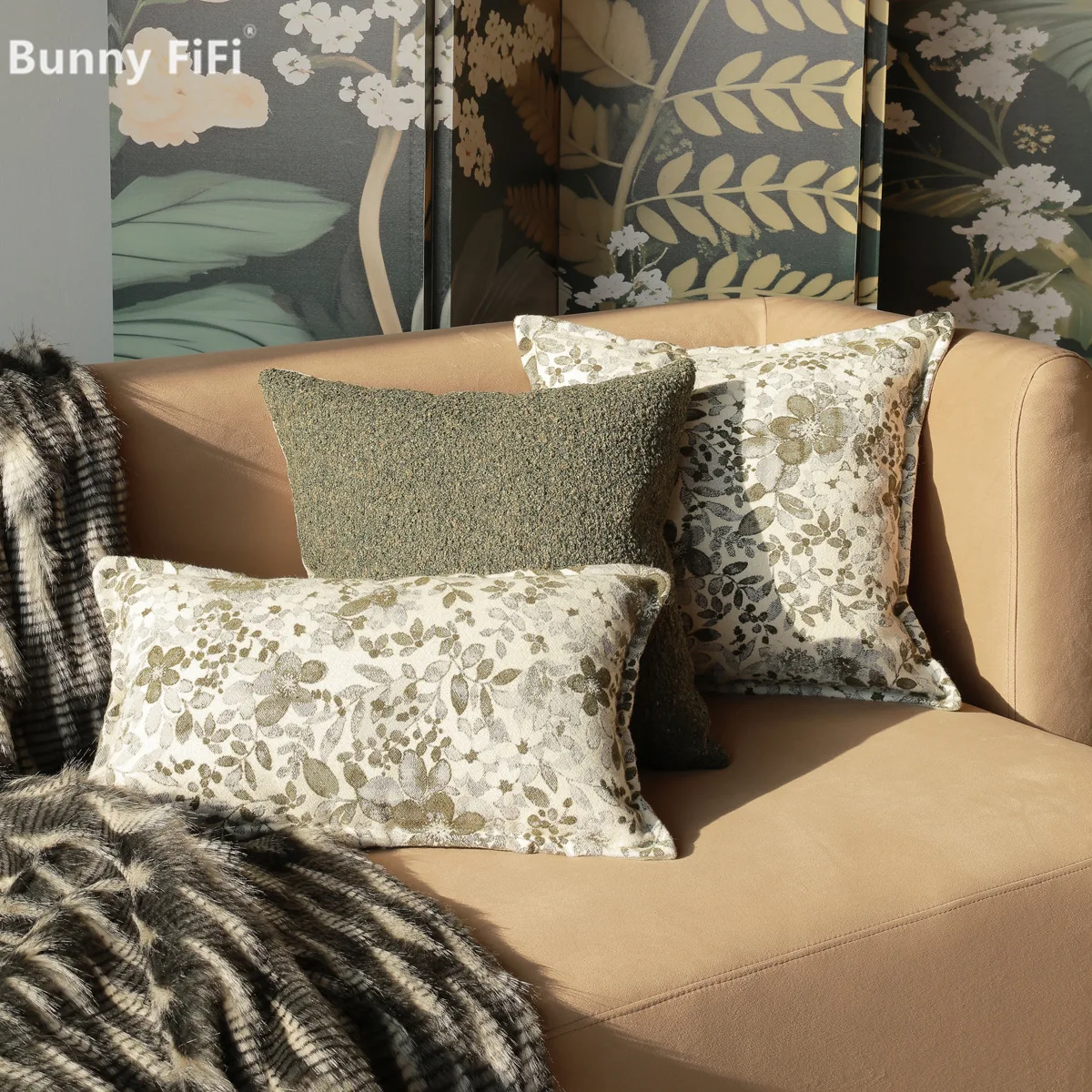 Vintage Blumenmuster Grüne Plüsch-Kissenbezüge Chenille-Jacquard Dekorative Kissenhüllen für Wohnzimmer Sofa Heimdekoration