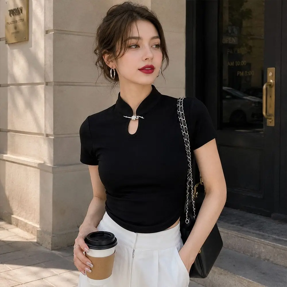 Elegant Chinese Style T Shirt Stand Collar Slim Fit Summer Top Elastic Frog Button Closure Short Sleeves Shirt for Women