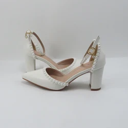 BaoYaFang Bridal wedding shoes Women Thin Heel Pointed Toe Pearl Female Ladies Party Shoe Ankle Strap Buckle Autumn Ladies Shoe