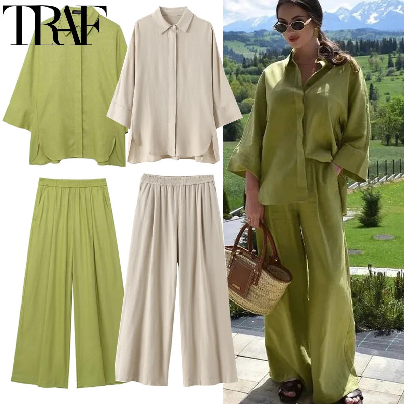 TRAF Woman Pants Set Two Pieces Oversize Green Shirts And Blouses Summer Baggy Wide Pants Sets Casual Linen Set Women 2 Pieces