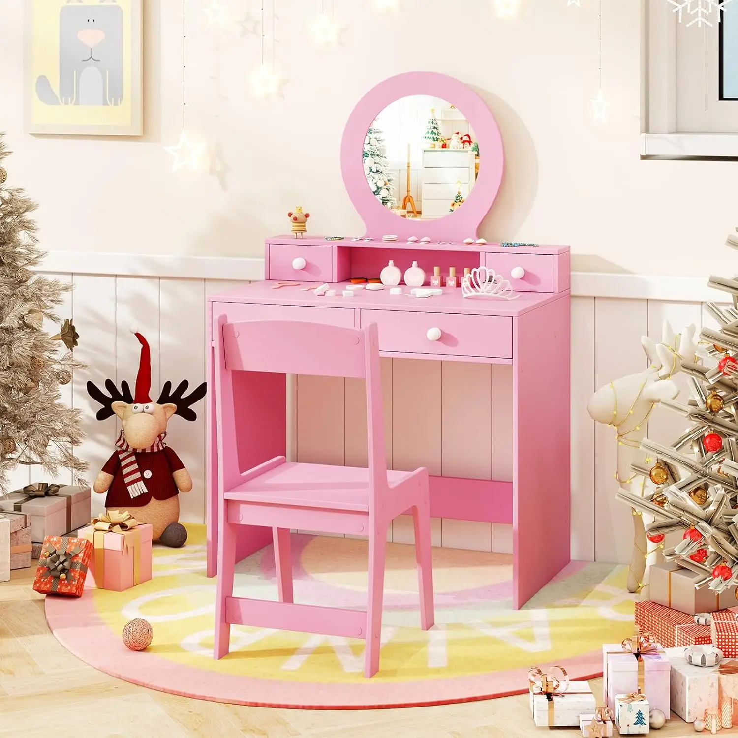 #Kids Vanity Mirror Stool Drawers Wooden Pretend Dressing Table Chair Pink Girls Toddler Room