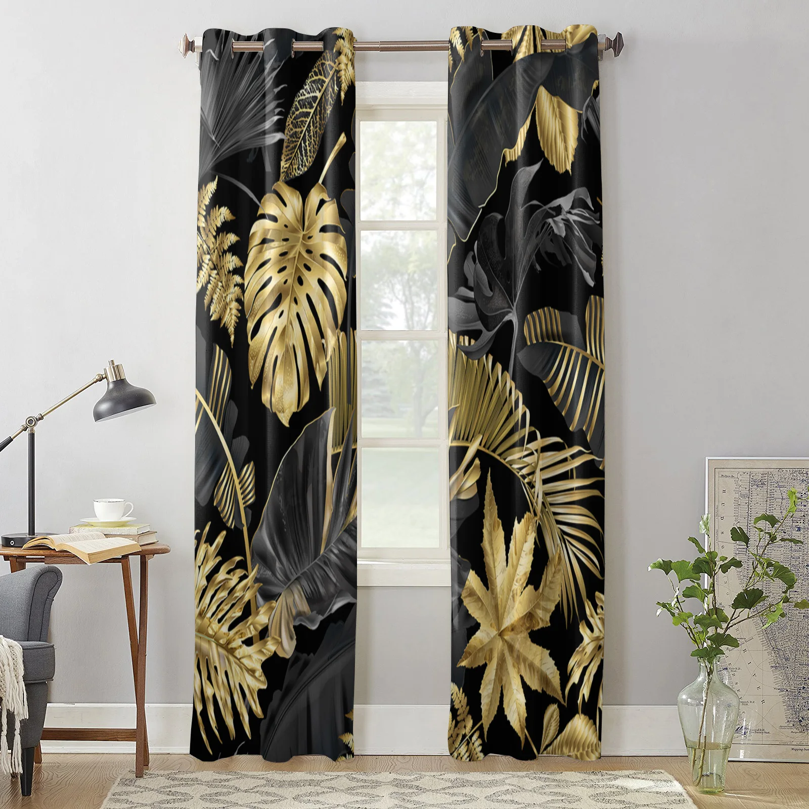 Golden Leaves Black Background Window Curtains Kids Room Living Room Curtain Panels Valance Curtains for Kitchen