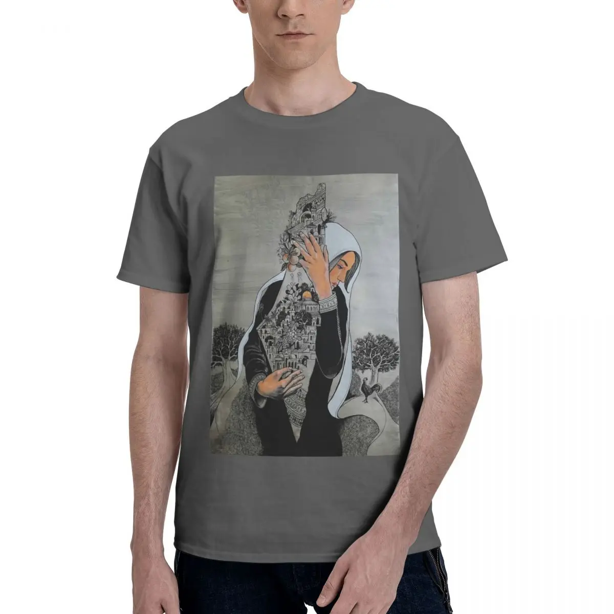 Palestinian Woman Protecting The Land Of Palestine T-Shirt for Men Pure Cotton Tees Round Collar Short Sleeve T Shirts Clothing