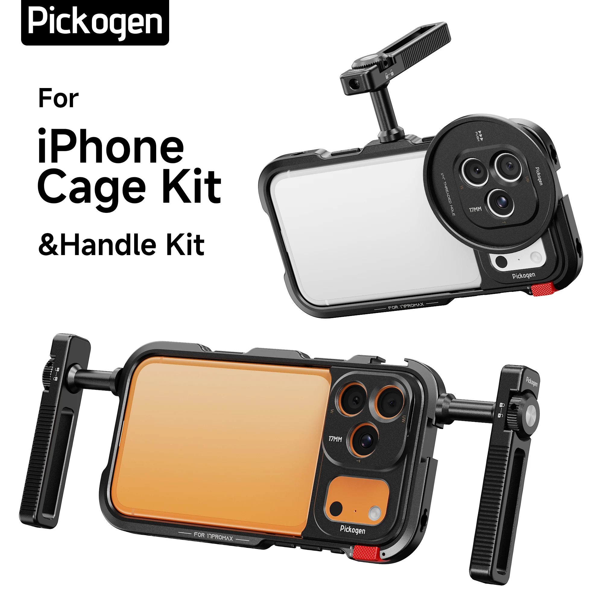 PICKOGEN Phone Video Cage Case Kit for iPhone 17 Pro / Pro Max, Dual Rotating Handles, 17mm Lens Mount, 67mm Filter Adapter