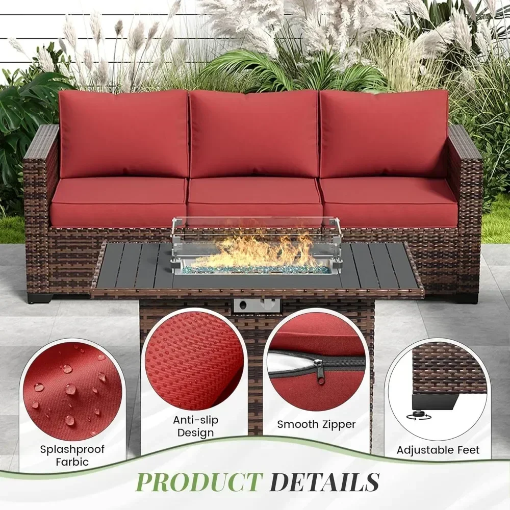 9-piece set of terrace furniture with 44 inch metal top fire pit table, outdoor willow terrace sofa, and storage table