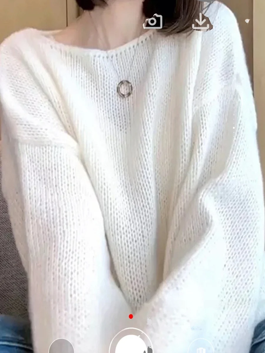 

Thiened Color Knitted Sweater Soft Splice round Ne Design Thiened Pure Color Knitwear Overhead Sweatirt