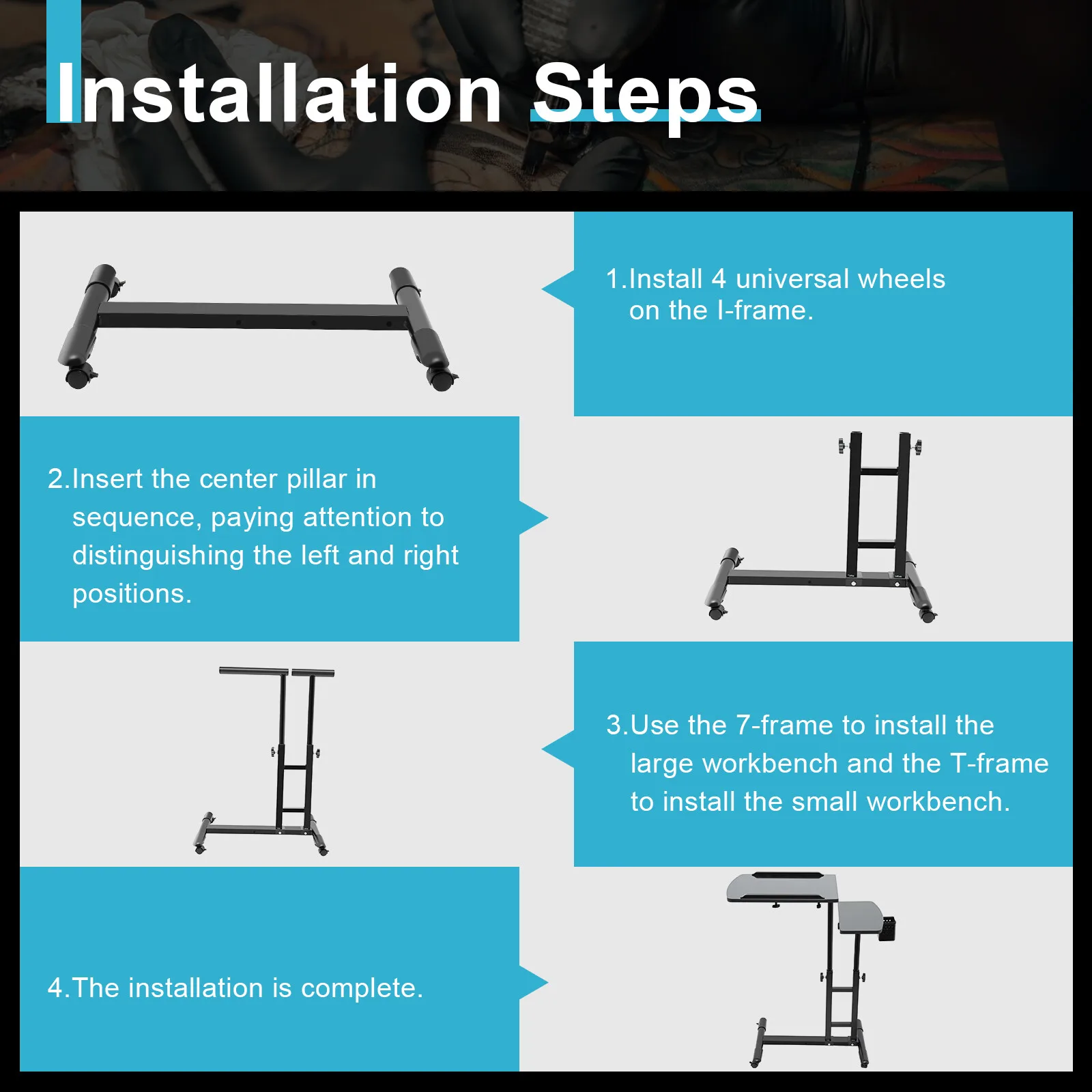 Banco da lavoro per tatuaggi di facile installazione con diagramma inglese Superficie liscia al forno Il deflettore per la pulizia del panno facile e umidità impedisce lo scivolamento dello strumento