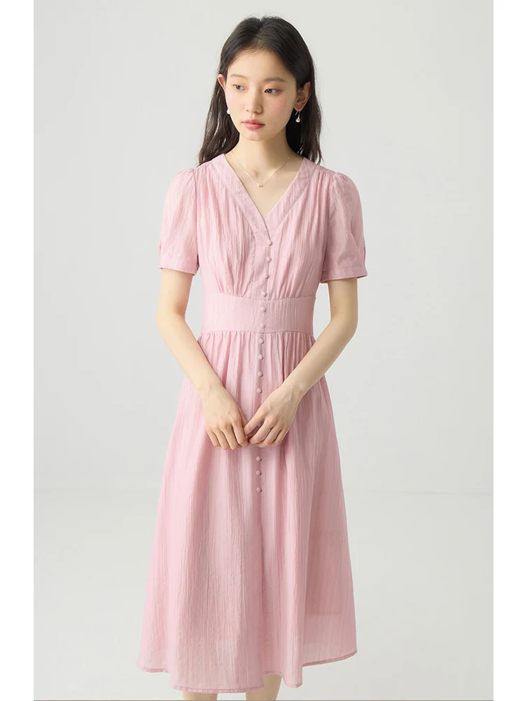 ZIQIAO French Style Gentle V-neck Summer Female Long Dress 2024 New Design High Waist A-line Pink Mid-Length Dress 24ZQ92099