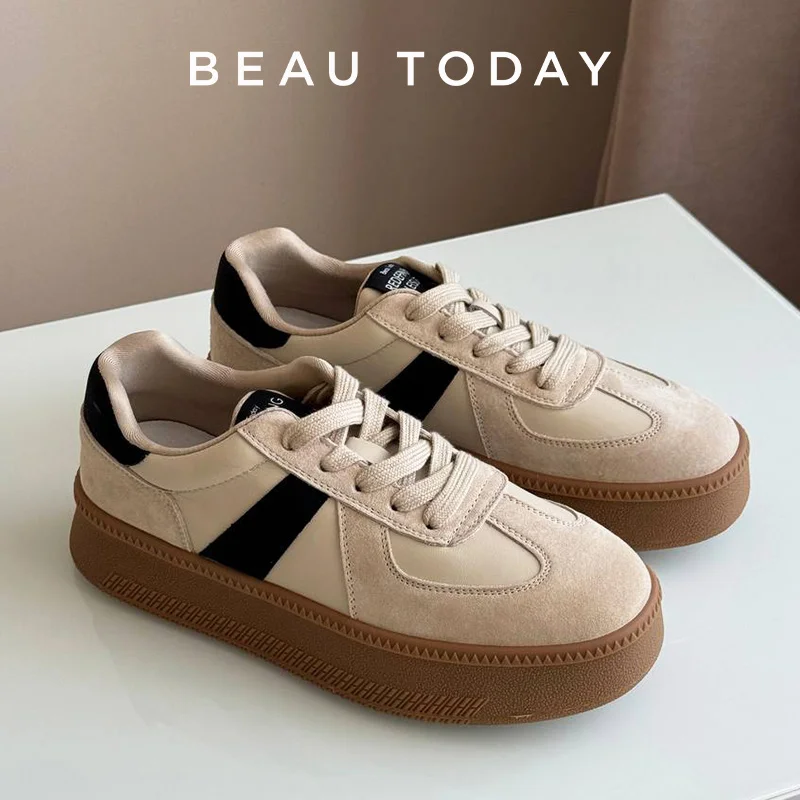 BEAUTODAY Fashion Sneakers Women Breathable Pigskin Mixed-colors Lace-up Style Round Toe Ladies Shoes Handmade 29864