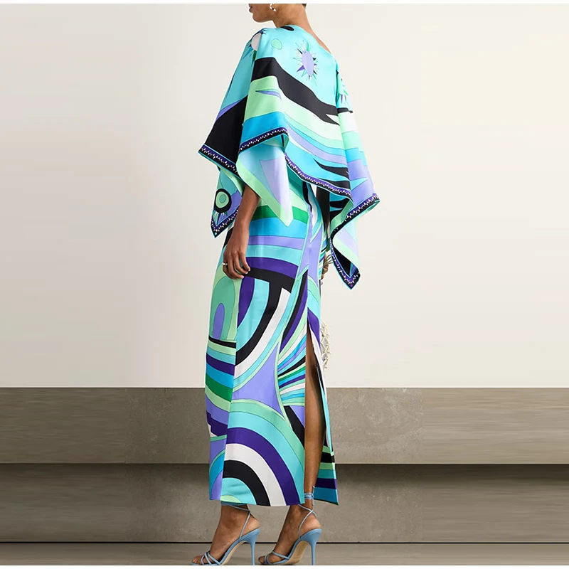 Women Tropical Leaf Print Cape Two Piece Set Batwing Loose Top High Waist Maxi Dress 2026 Summer Fashion Vacation Casual Suit