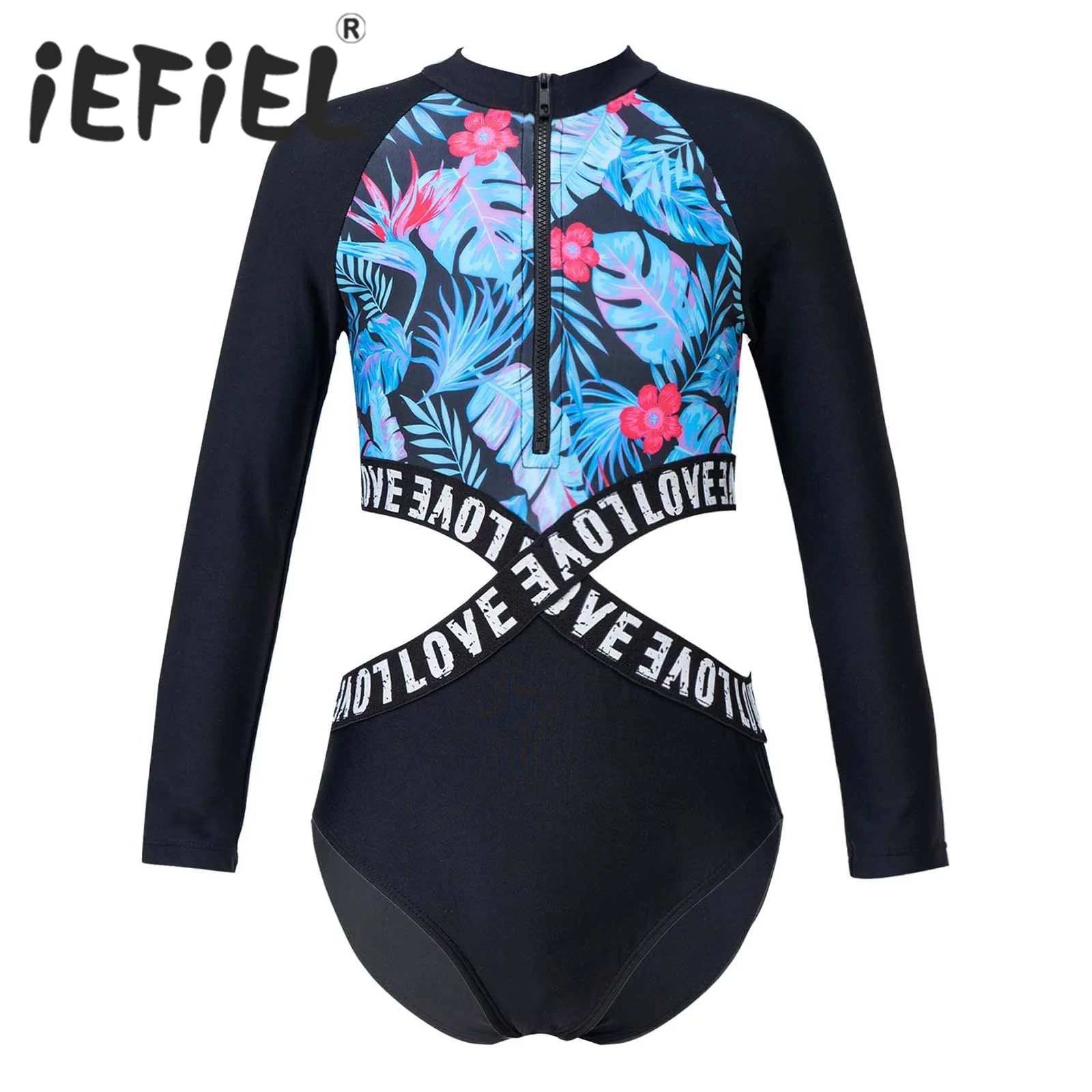 

Kids Girls One Piece Swimsuit Rash Guard Floral Print Cutout Waist Beachwear Swimming Bathing Surfing Diving Wetsuit Bodysuit