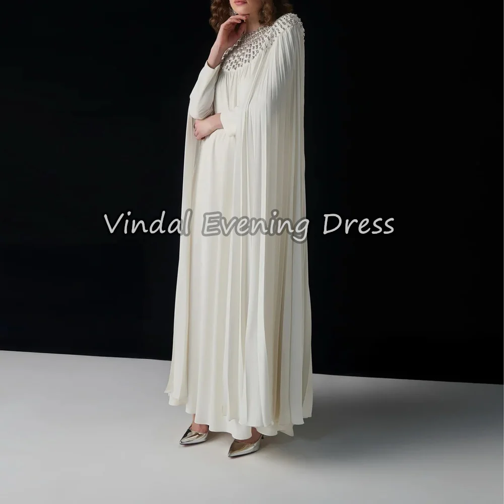 

Vindal Chiffon A-line O-neck Draped Floor Length Simple Saudi Evening Dresses For Women 2025 With Beading Long Sleeves Prom Gown