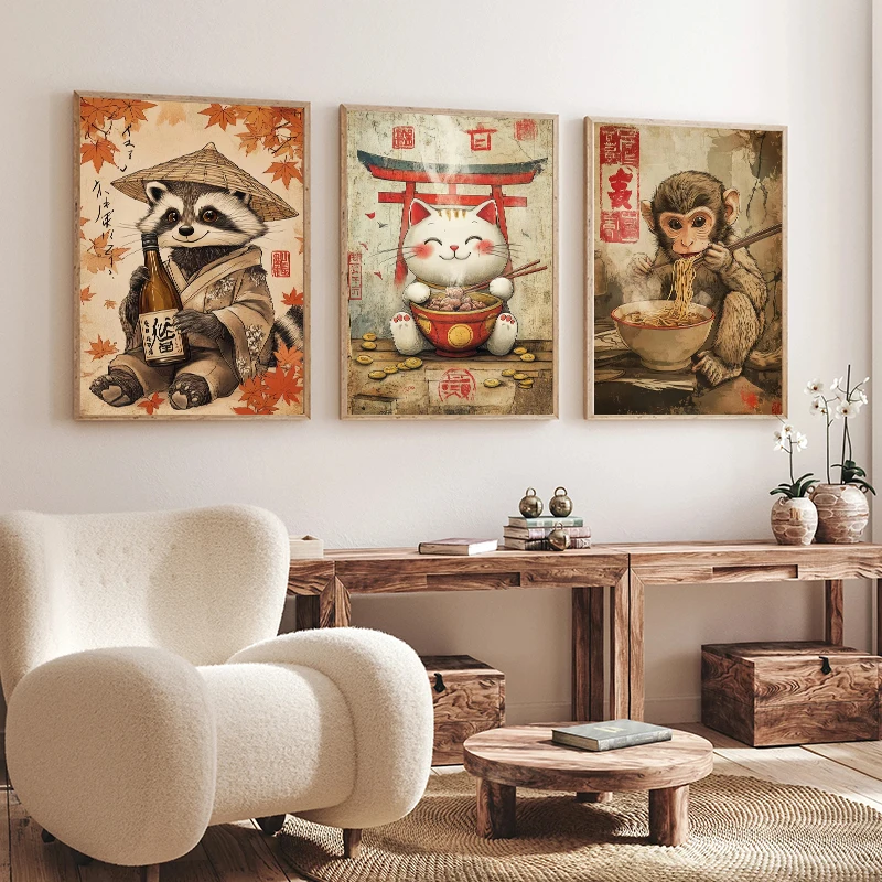 Black Furry Cat Cute Panda Chef Eating Dumplings Dog Fox Noodles Poster Print Wall Art Pictures Canvas Painting Room Home Decor