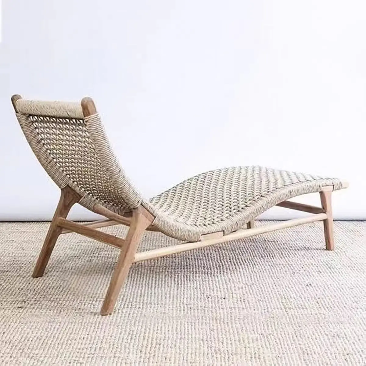 Solid teak modern outdoor lounge chair with rope tilt function, durable tower style, suitable for garden and hotel use