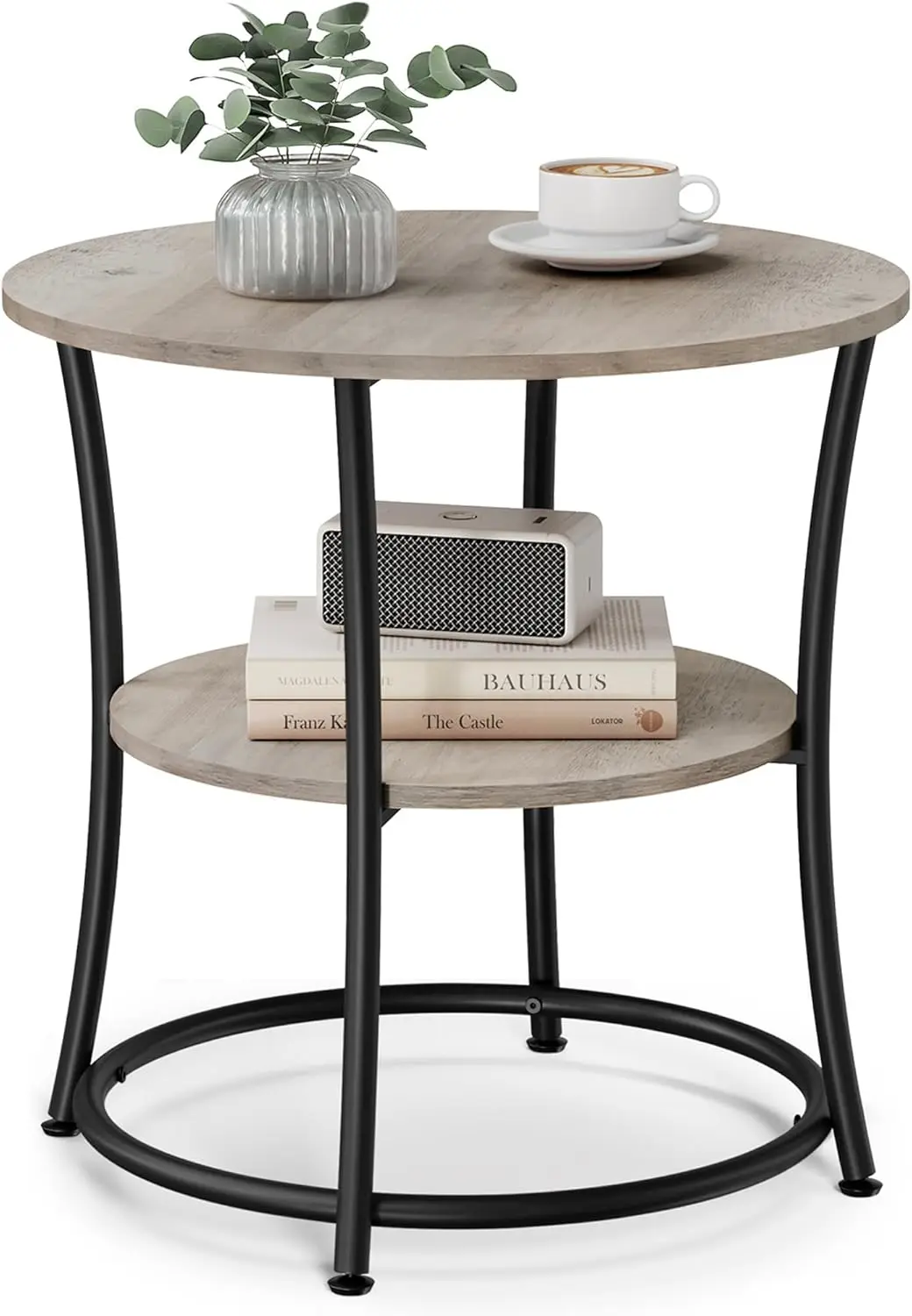 

21.7-Inch Round 2-Tier End Table with Steel Frame, Spacious Top for Living Room, Bedroom, Small Spaces in Greige and Black