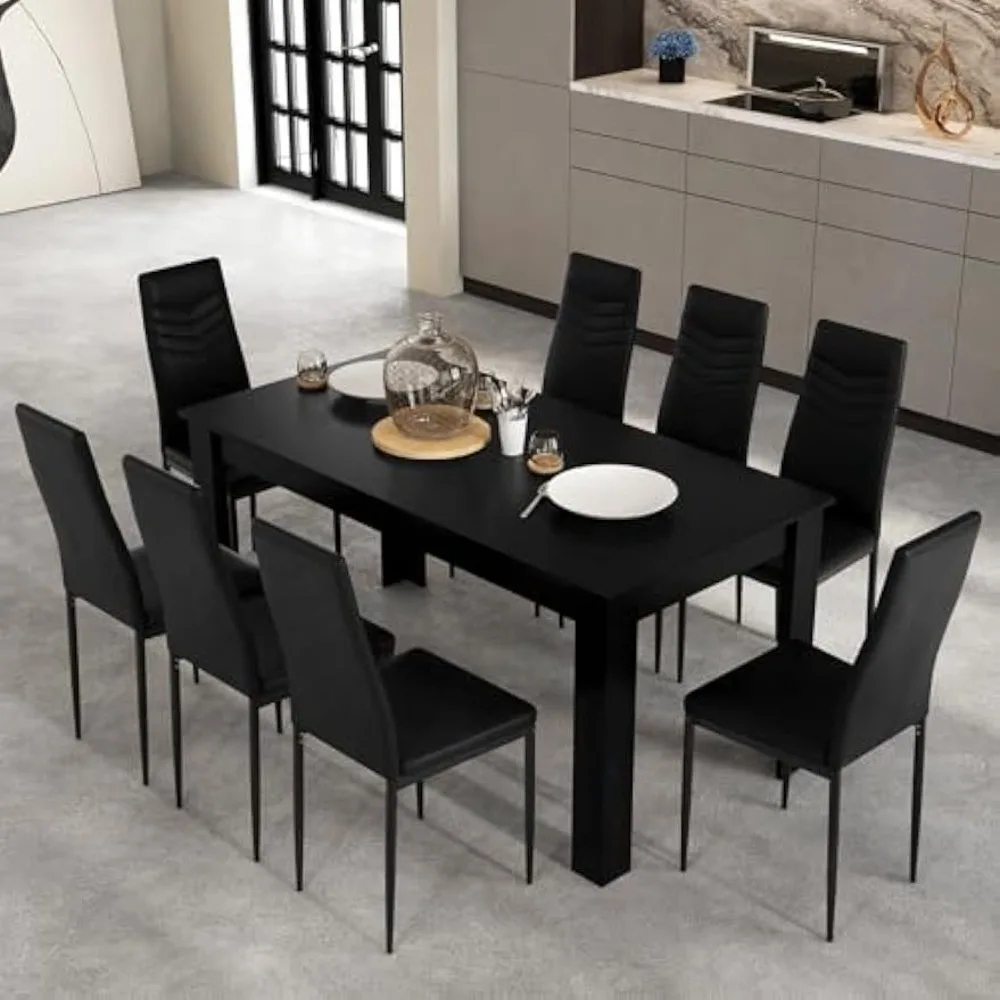 Dining Table Set for 8, Modern Rectangular Kitchen Table Set w/ 8 PVC Leather Dining Chairs, 9-Piece Space-saving Furniture Set
