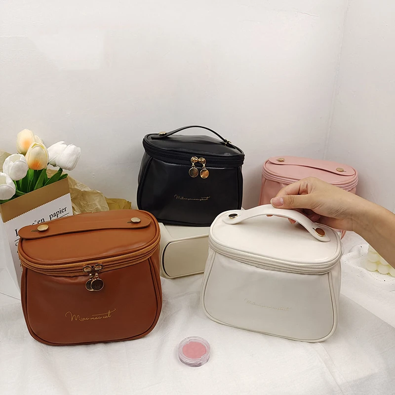 Bolsa de maquillaje multifuncional de cuero PU para mujer, bolsa de almacenamiento portátil de gran capacidad con doble cremallera para brochas de maquillaje, artículos de tocador