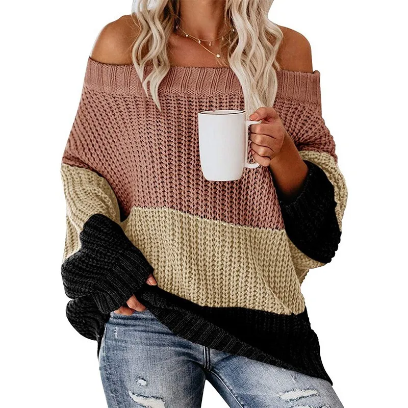 Women's Off Shoulder Long Sleeve Loose Fit Striped Cropped Distressed Sweater Winter Women's Clothing Sale Cheap Free Shipping