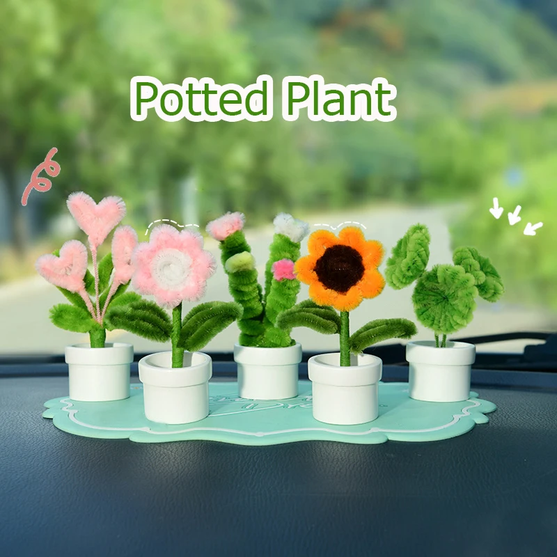 Handmade Potted Plant Flower Car Interior Ornaments Cute Car Center Console Decoration Simulated Potted Flower Desk Ornaments