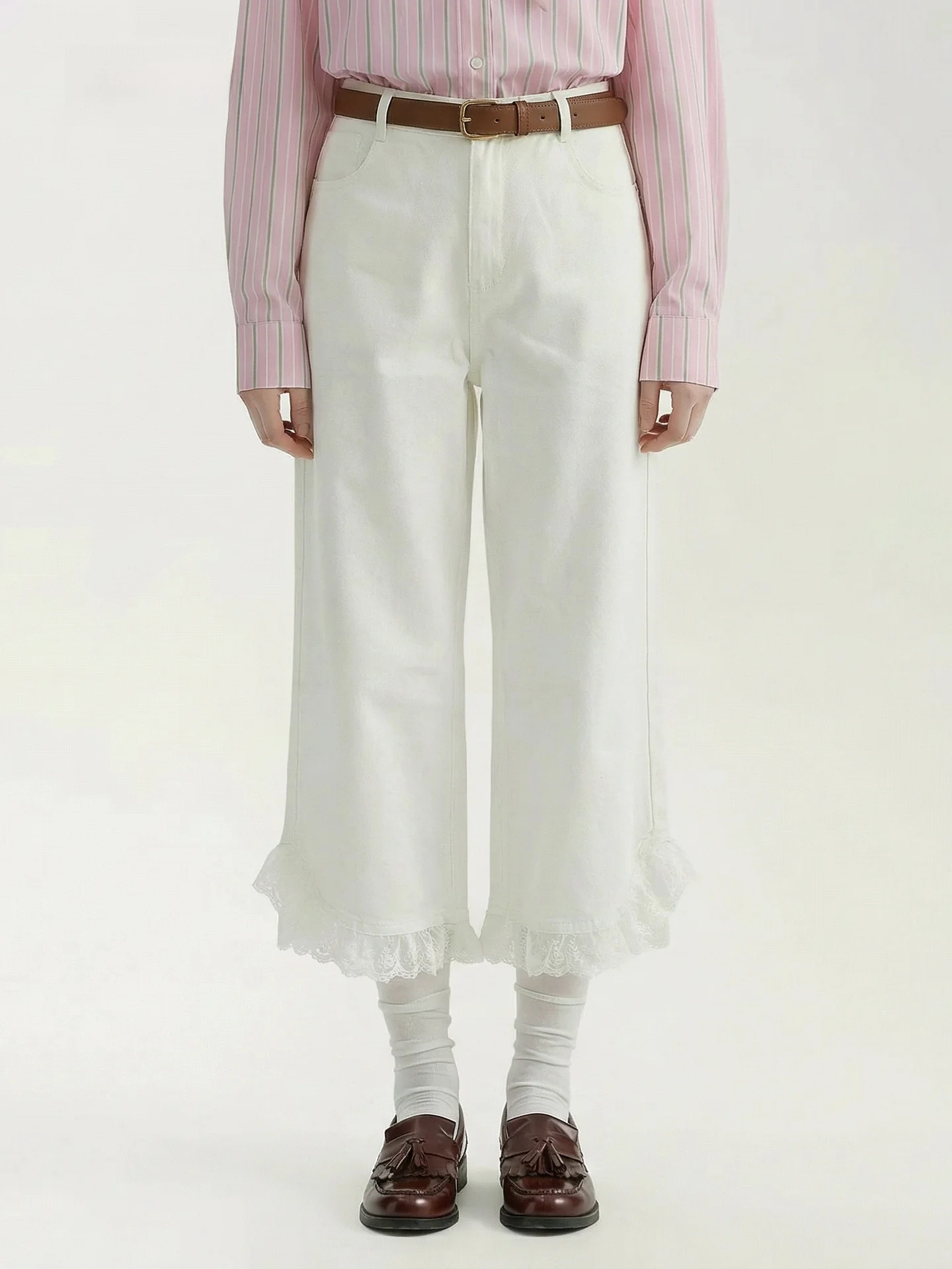 

Женские джинсы AHMI с высокой талией и прямыми штанинами, новинка весна-лето, с кружевной отделкой и пэчворком, повседневные брюки длиной 7/8