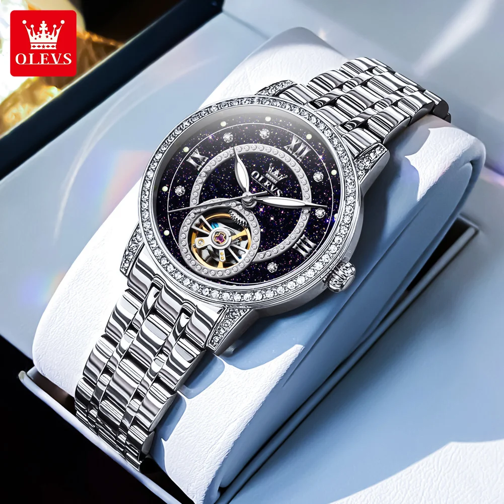 

OLEVS 7036 Elegant Mechanical Movement Watch For Women Starry Dial Skeleton Flywheel Luminous Function 30m Waterproof Watch