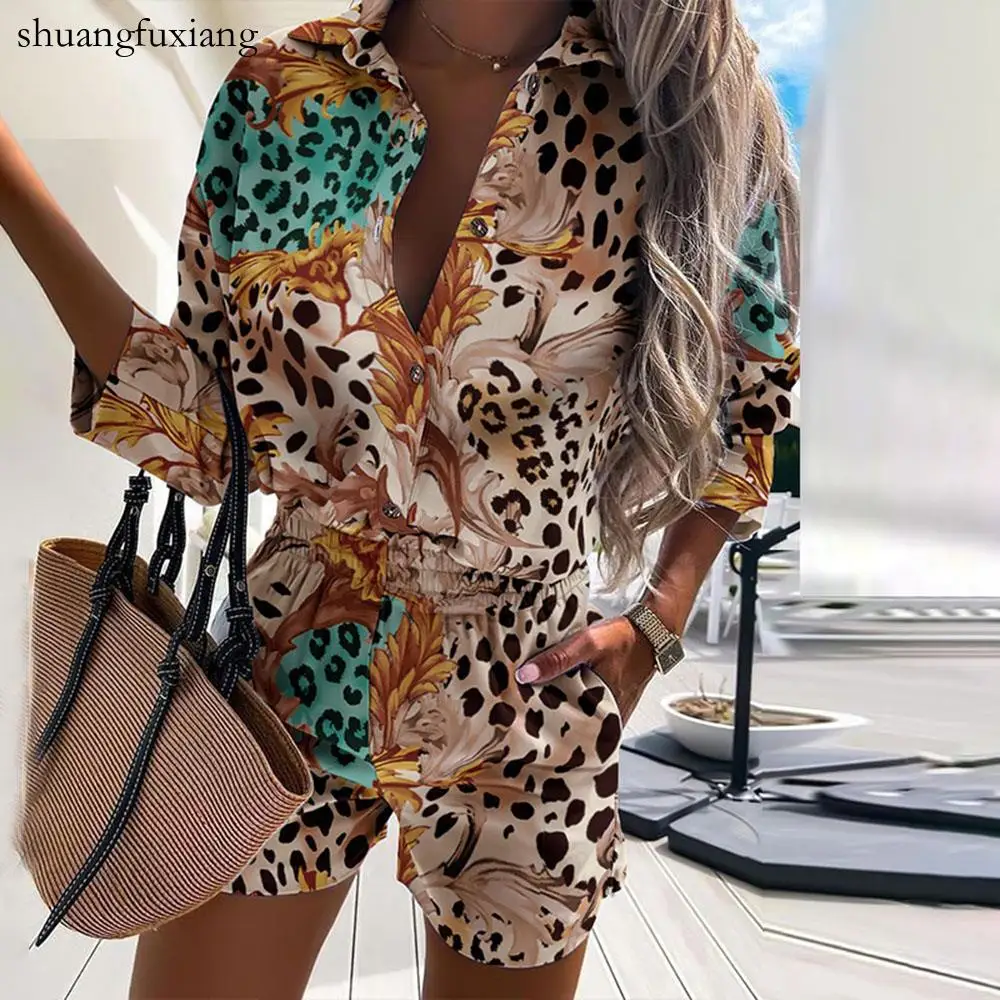 

Casual Two Piece Sets Womens Outfits 2023 Spring Leopard Print Button Shirt Top And Shorts 2 Piece Set Summer Beach Shorts Women