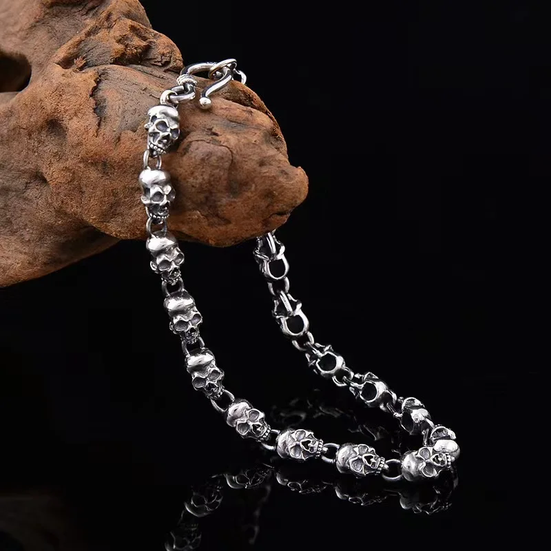 

Vintage Gothic Male Female S925 Sterling Silver Skull Chain Bracklets for Men Women Punk Hiphop Party Jewelry Accessories Gifts