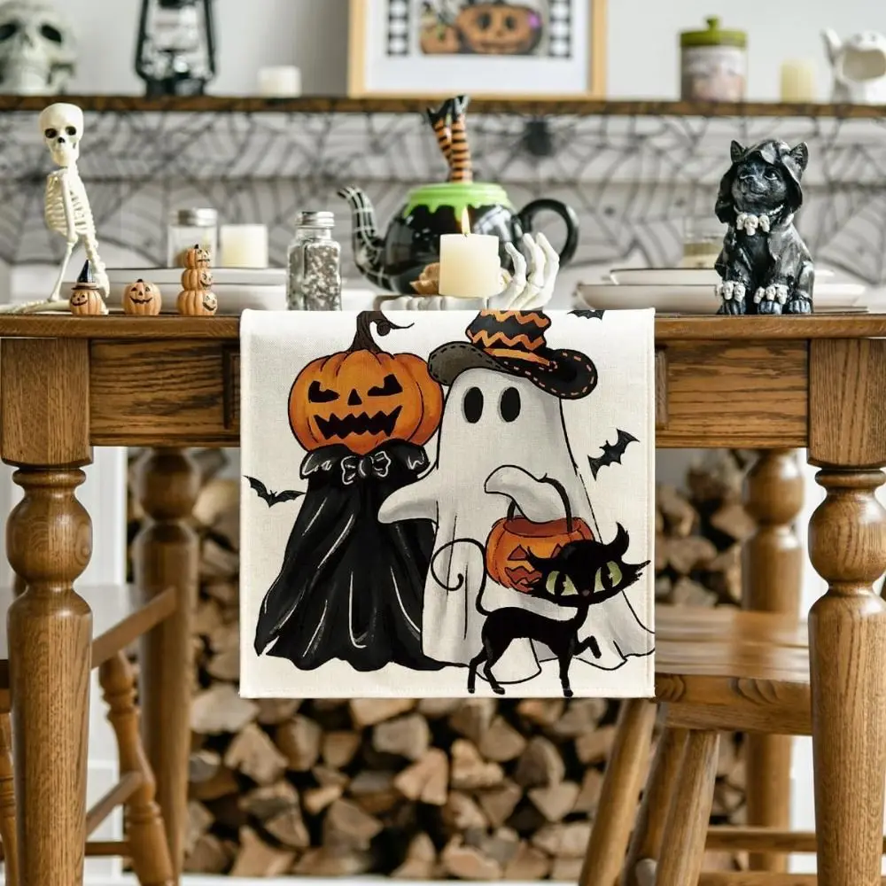 Trendy Pumpkins Black Cat Halloween Table Runner Linen Gost Pattern Table Decoration High Quality Vibrant Home Party Decor