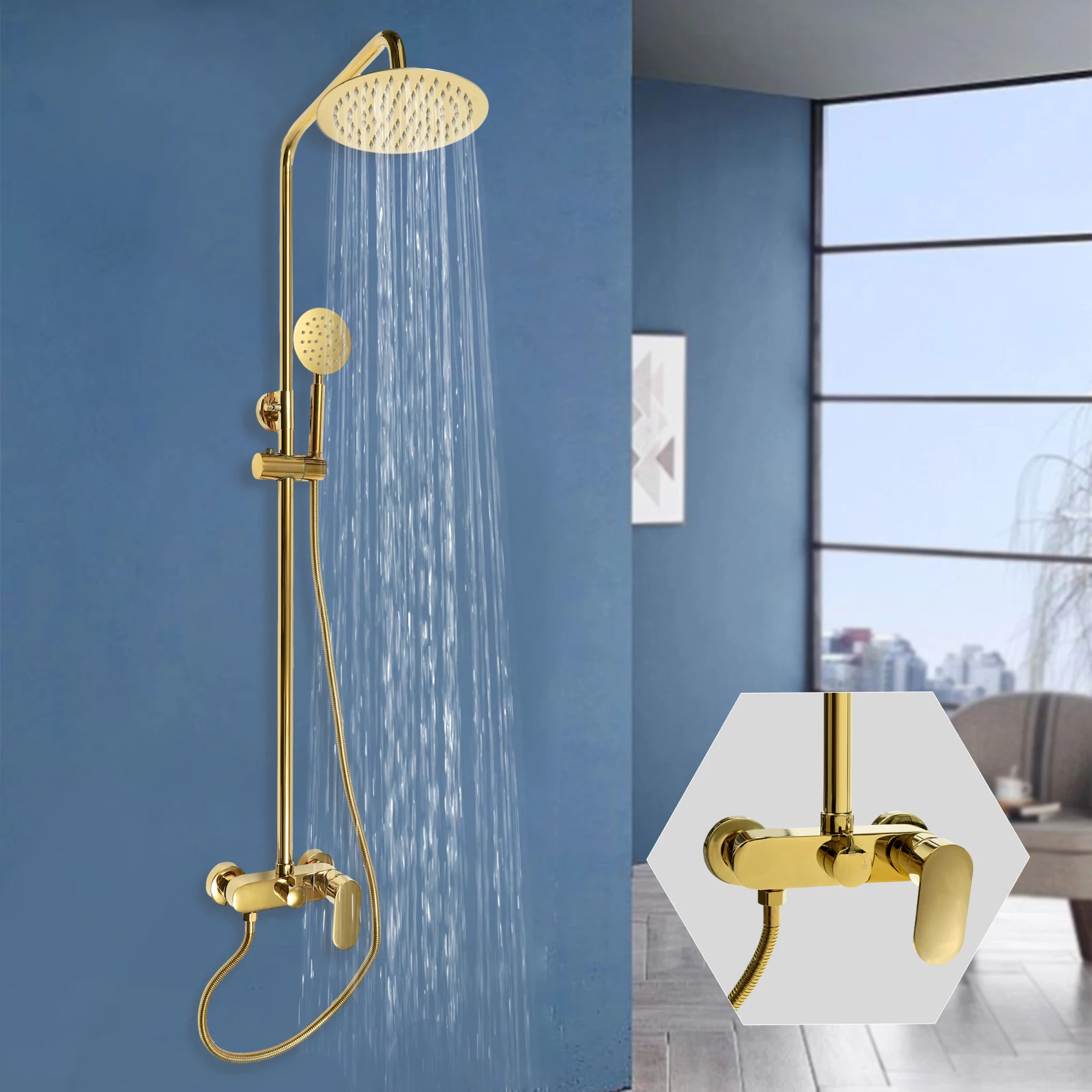 Gold Shower Set Faucet Adjustable Mixers Tap For Bathe Free Rack Rainfall Modern Bathroom Faucets