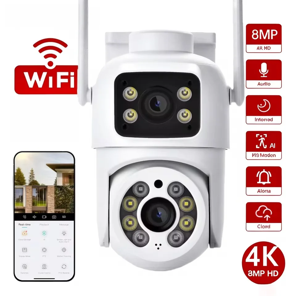 

Беспроводная PTZ-камера 4K 8 Мп HD 1080P с цветным ночным видением, уличная Wi-Fi IP-камера с ИИ и автоматическим отслеживанием, камера видеонаблюдения (без адаптера)