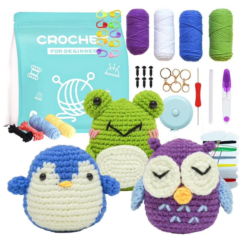 

3Pcs Complete Crochet Kit Frog/Owl/Penguin Cute Animal Crochet Set Cute with Detailed Tutorials for Beginners Adults Kids