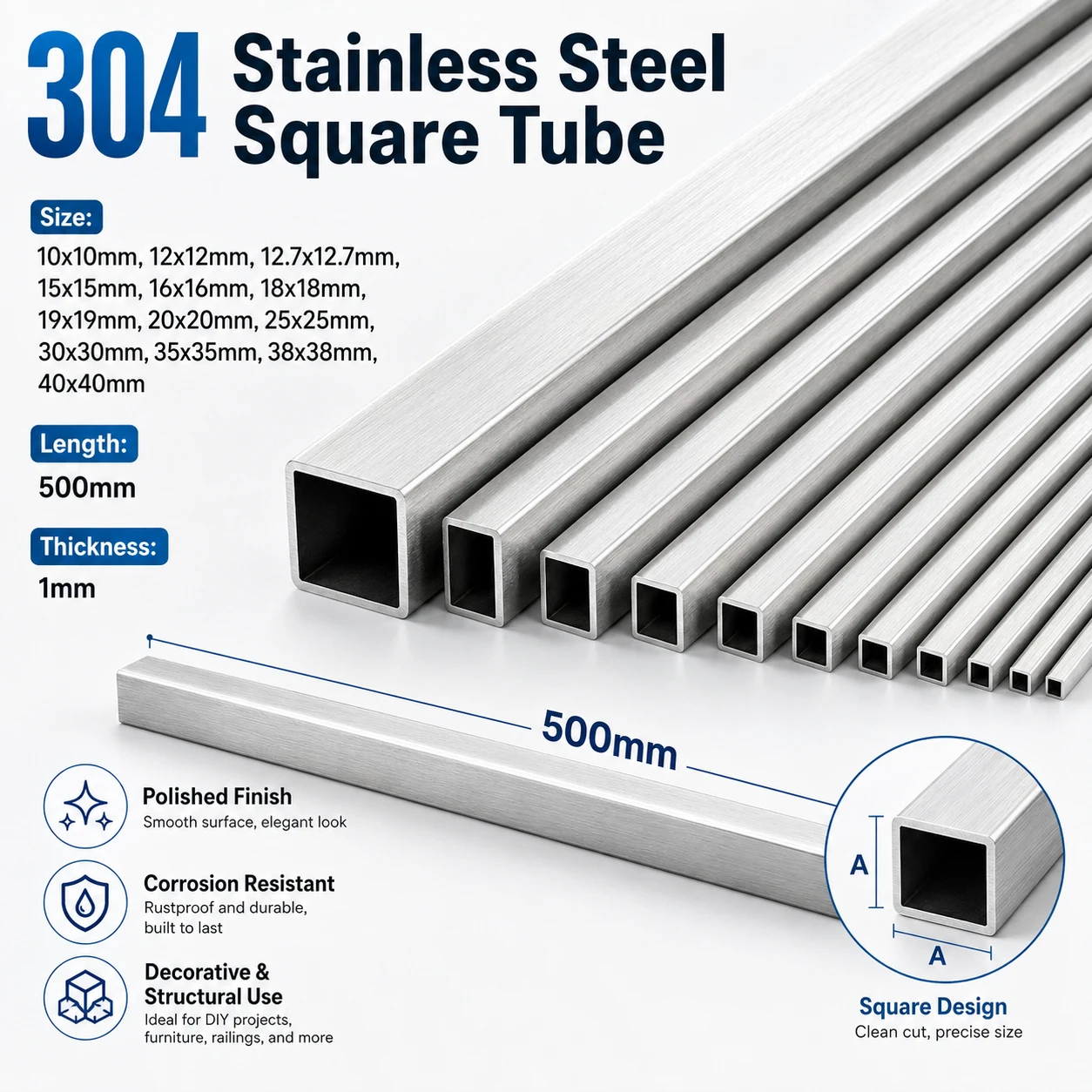 1-2pc 500mm 304 Stainlesss Steel Square Tube, Hollow Square/Rectangular Steel Rod 10-40mm for DIY & Industrial Use