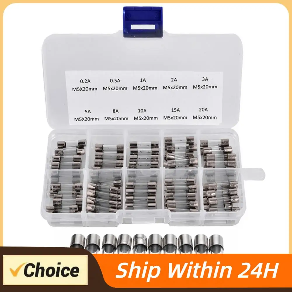 100Pcs Glass Tube Fuse Assorted Kit 5 * 20MM Fast-blow Glass Tube Fuse 250V Fast Acting Glass Fuse Packag in A Clear Plastic Box
