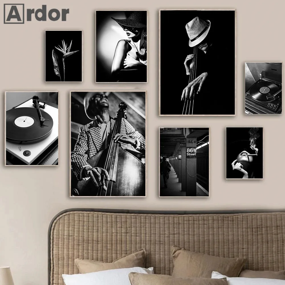 

Black And White Poster Band Guitar Jazz Music Canvas Painting Woman Vintage Art Prints Nordic Wall Pictures Bedroom Home Decor