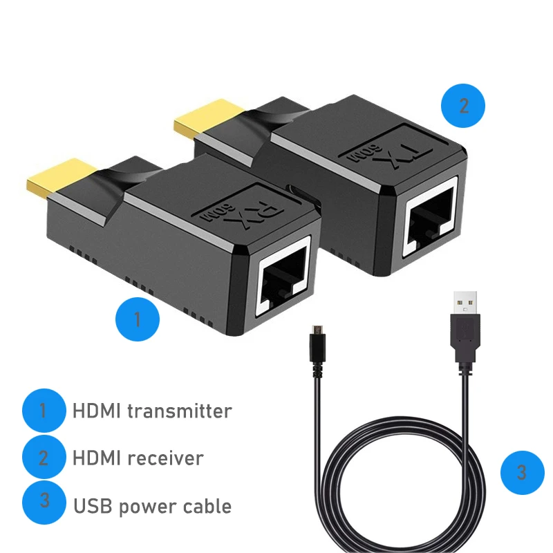 HDMI Extender 60M over Cat5e/6/7 cable 1080P HDMI to RJ45 converter Extender HDMI over Ethernet for PC laptop PS4 PS5 HDTV