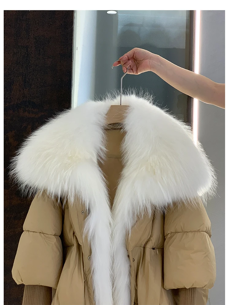 Janveny Large Real Silver Fox Fur Collar 2026 White Duck Down Jacket Women Winter Luxury Puffer Coat Oversize Feather Outwear