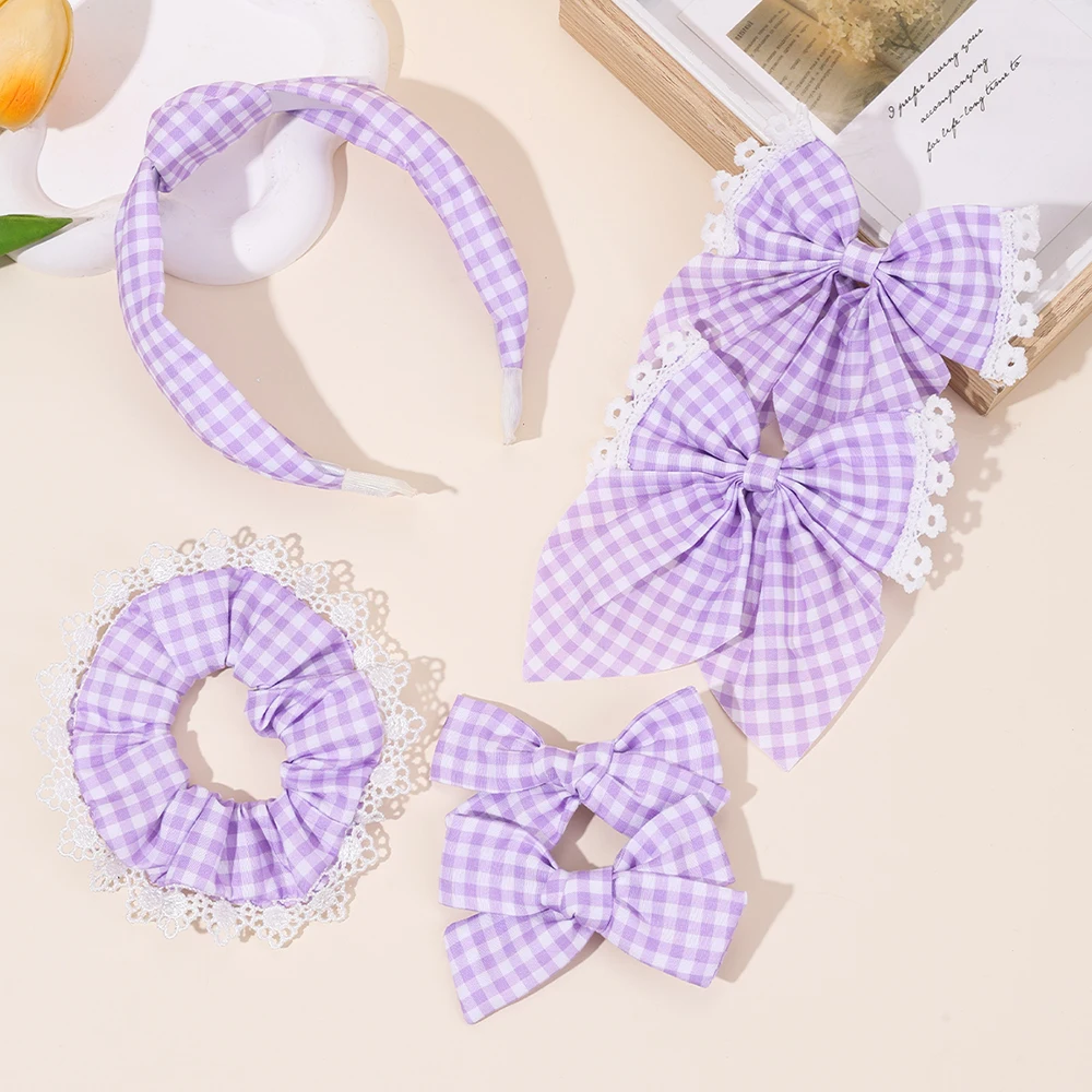 6Pcs Hair Accessories Set Sweet Solid Color Plaid Bow Hairpins Headband Hair Tie For Women Girls Kids Korean Headwear Headdress